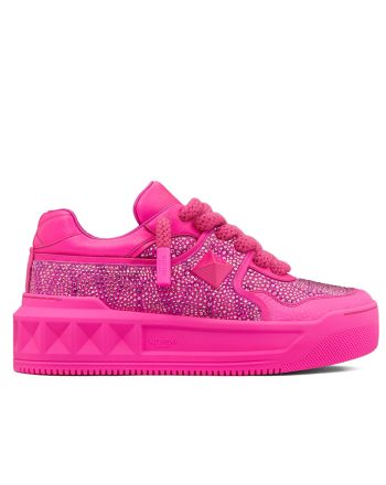 Valentino Unisex One Stud Xl Sneaker In Nappa Leather With Toile Iconographe Crystals Pink